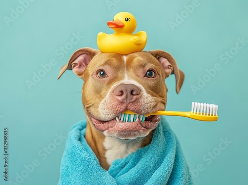 Cute brown pit bull dog with a towel and rubber duck on its head, holding a toothbrush in its mouth. AI generated illustration