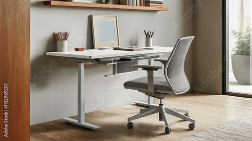 Tidy home office with a sleek white desk, built-in cable management, modern ergonomic chair, and floating shelves with books and decor. Light wood floor, taupe walls. High resolution.