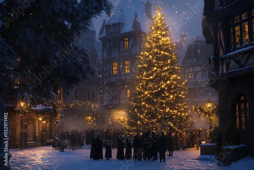 carolers singing under grand christmas tree in cobblestone plaza surrounded by victorian buildings