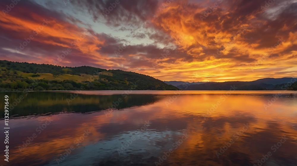 Fototapeta premium Fiery Sunset Over Calm Lake And Rolling Hills