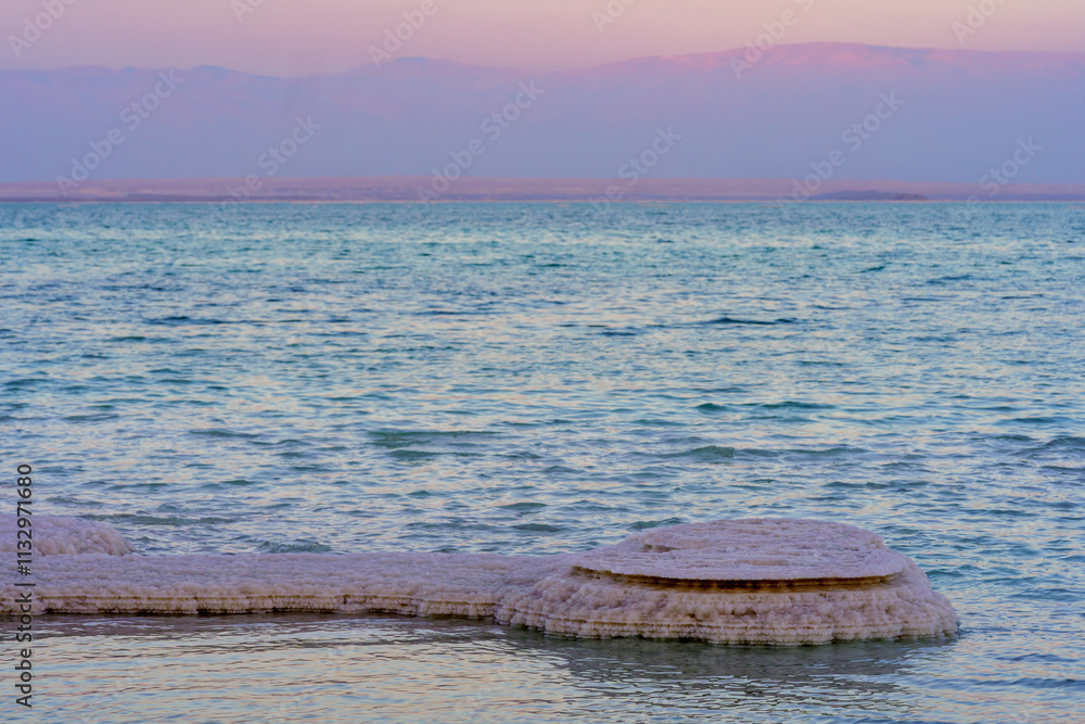 Sunset view of Salt formations, Dead Sea coast