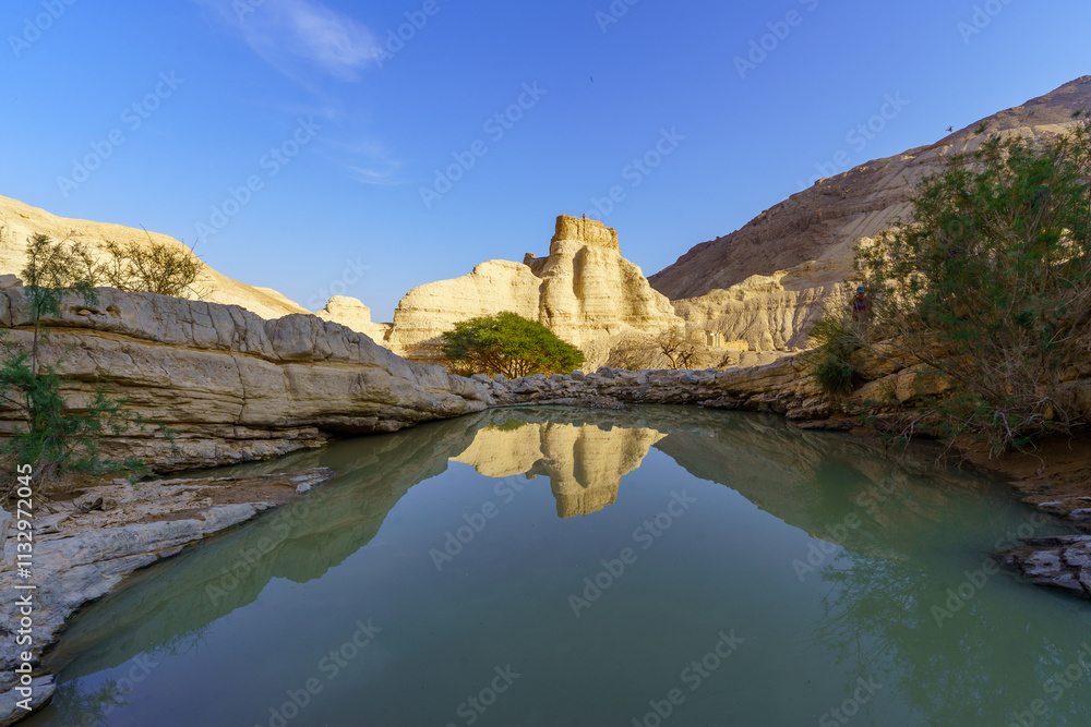 Zohar stronghold, and winter puddle, Judaean Desert