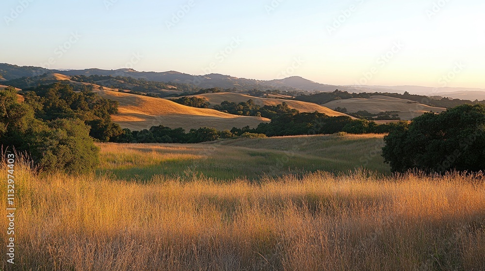 Fototapeta premium A serene countryside view with rolling hills basking in the soft, early light of sunrise.