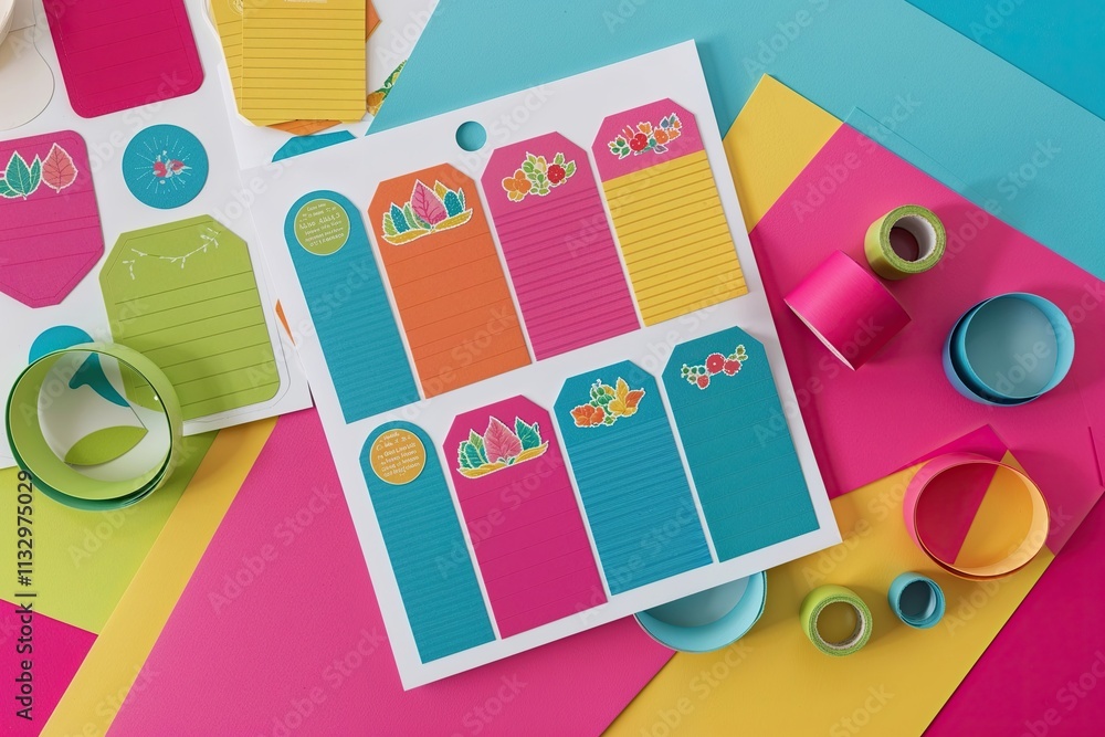 Fototapeta premium Playful Paper Sticker Label Set on a Colorful Sheet