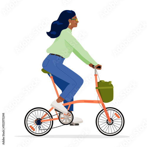 Urban Woman on a Compact Folding Bicycle - Modern Vector Illustration of a Smiling Young Woman Cycling with a Basket in Casual Outfit on Transparent Background photo