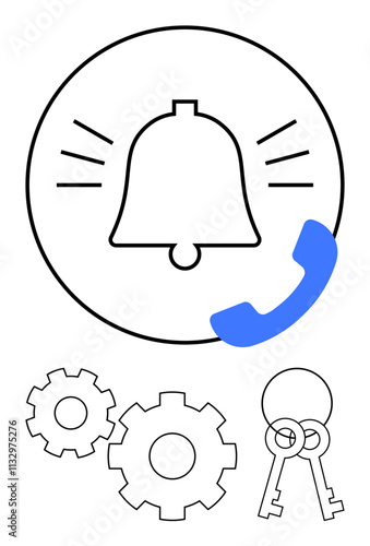 Bell ringing inside circle with a call icon in blue, three gears, and two keys crossed. Ideal for notifications, alerts, communication, security, automation technology and settings. Line metaphor