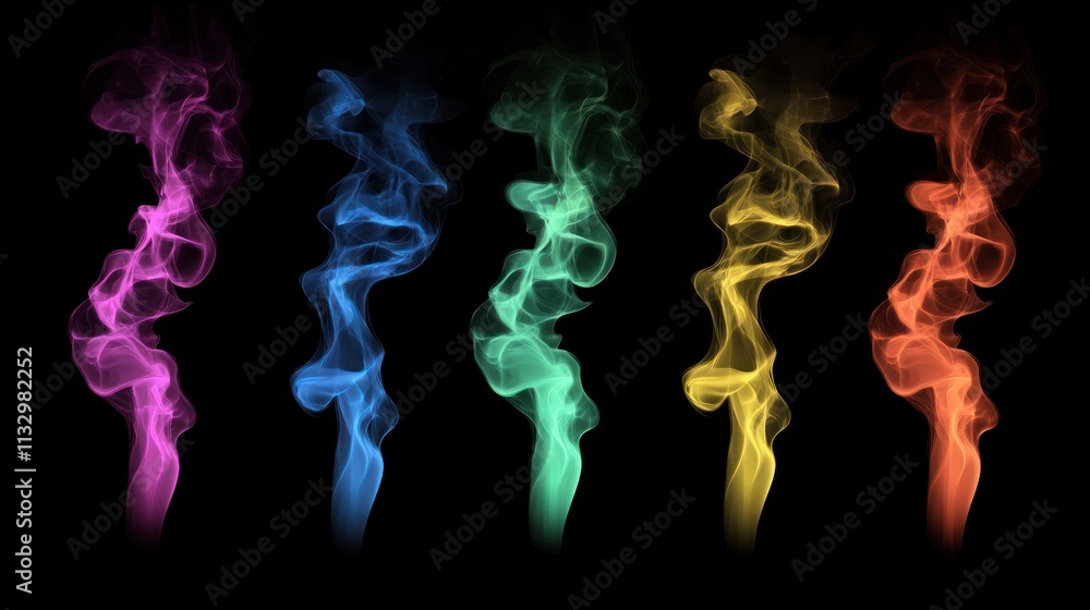 Fototapeta premium Colorful smoke swirls in a gradient from pink to orange against a black background.