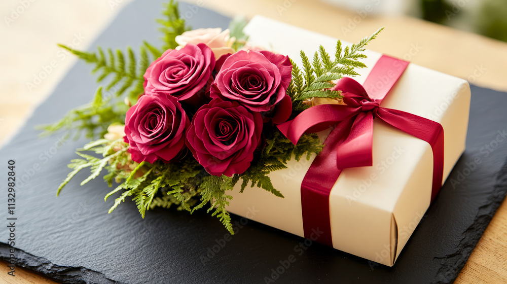 Obraz premium Elegant Gift Box with Red Roses and Greenery on Dark Slate Background