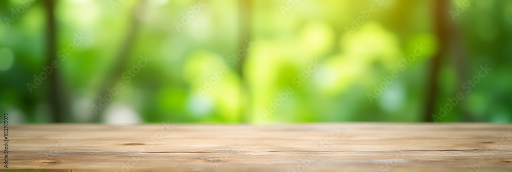 Fototapeta premium Wooden tabletop displays a blurred abstraction of a vibrant green garden scene through the window in the morning for photography._00002_