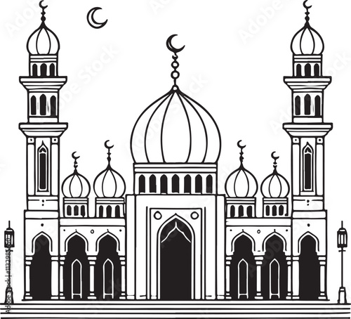 Elegant vector mosque design for Eid al-Fitr, featuring moon motifs and Islamic backgrounds, perfect for fasting and festive greetings.