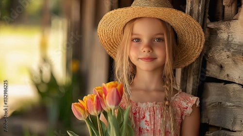 A young girl in a straw hat and sundress holding tulips, framed by a rustic countryside. photo