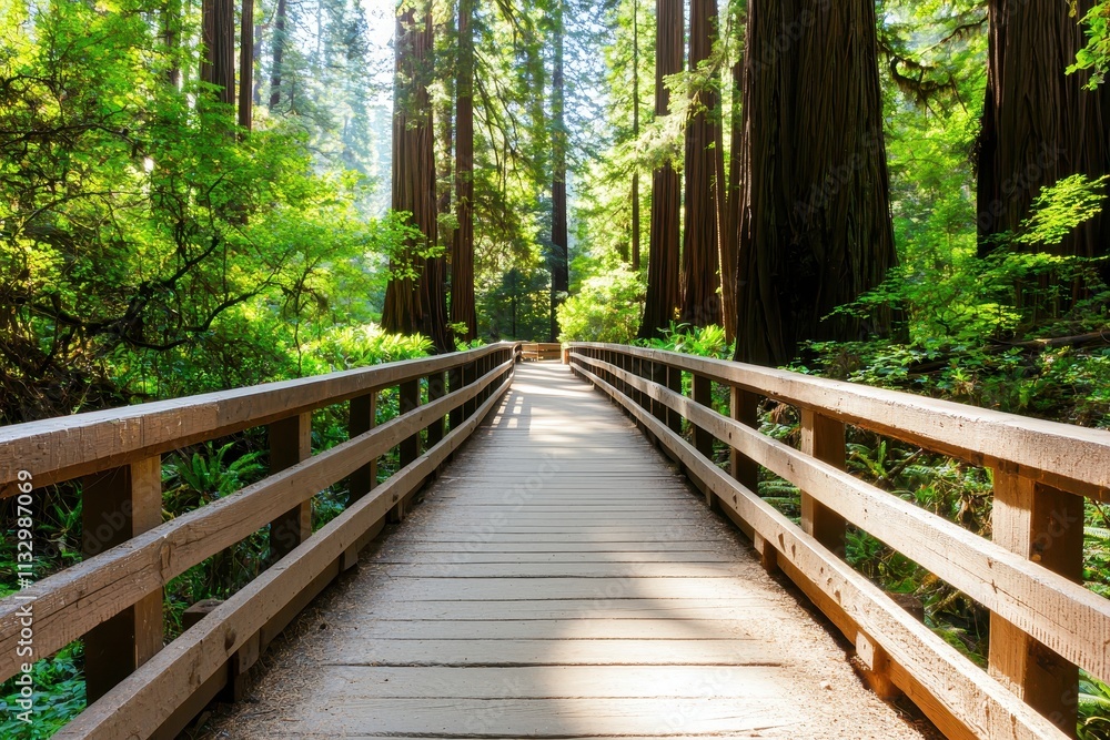 Fototapeta premium Peaceful Wooden Bridge Surrounded by Tall Trees in Serene Forest