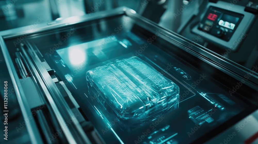 Close-up of a suitcase being scanned through an airport X-ray machine, with visible control panels nearby. Close-up of a suitcase being scanned through an airport X-ray machine, with visible control panels nearby.