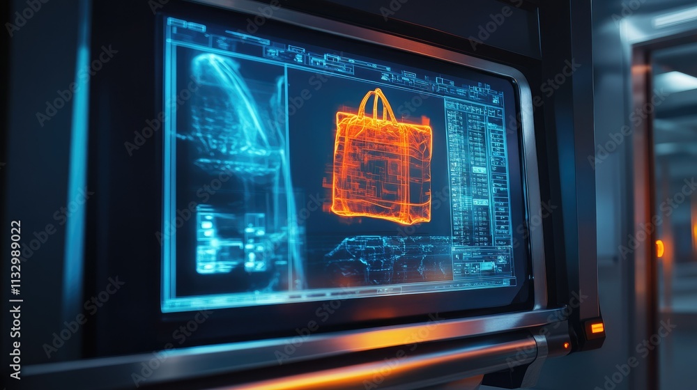 Obraz premium Detailed view of an X-ray machine monitor displaying the contents of a scanned bag, with bright and colorful imagery.