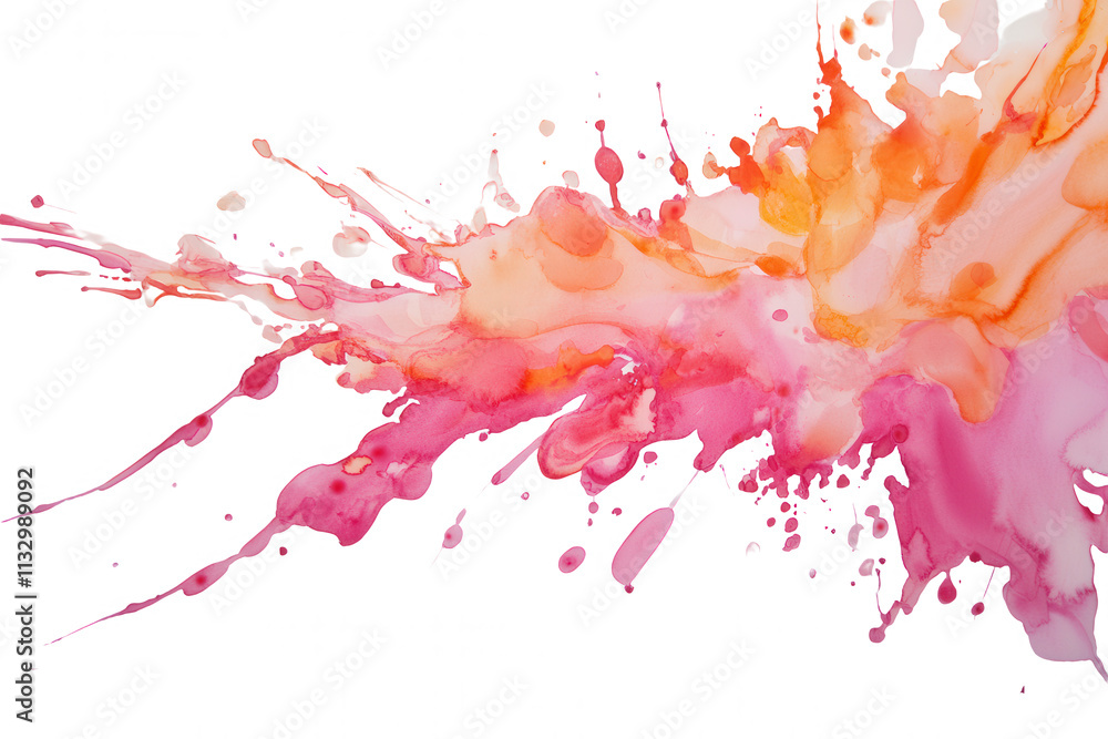 Obraz premium A vibrant splash of paint features brilliant shades of pink and orange, creating an energetic and artistic effect. The translucent colors blend seamlessly, delivering a lively appearance on a plain wh