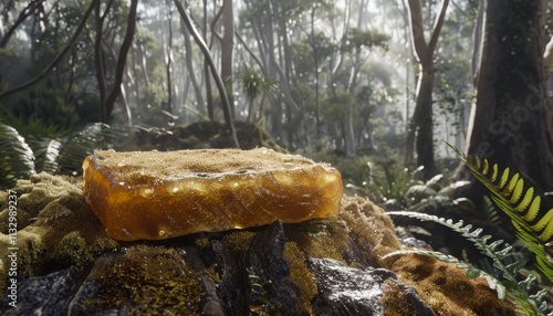 A golden amber-colored resinous block rests on a moss-covered log in a misty forest. photo