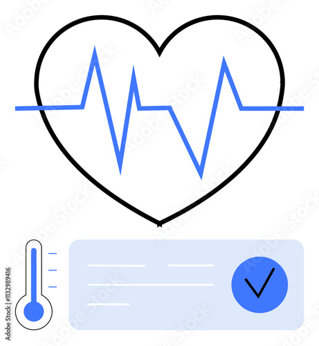 Heartbeat line inside heart shape, thermometer icon, blue checkmark with text box. Ideal for healthcare, fitness, medical apps, wellness tracking, diagnostics health monitoring EMTs. Line metaphor