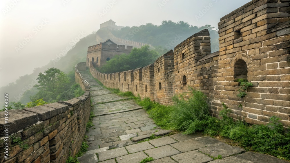 Fototapeta premium Ancient Brick Wall Along Historic Pathway in Misty Landscape