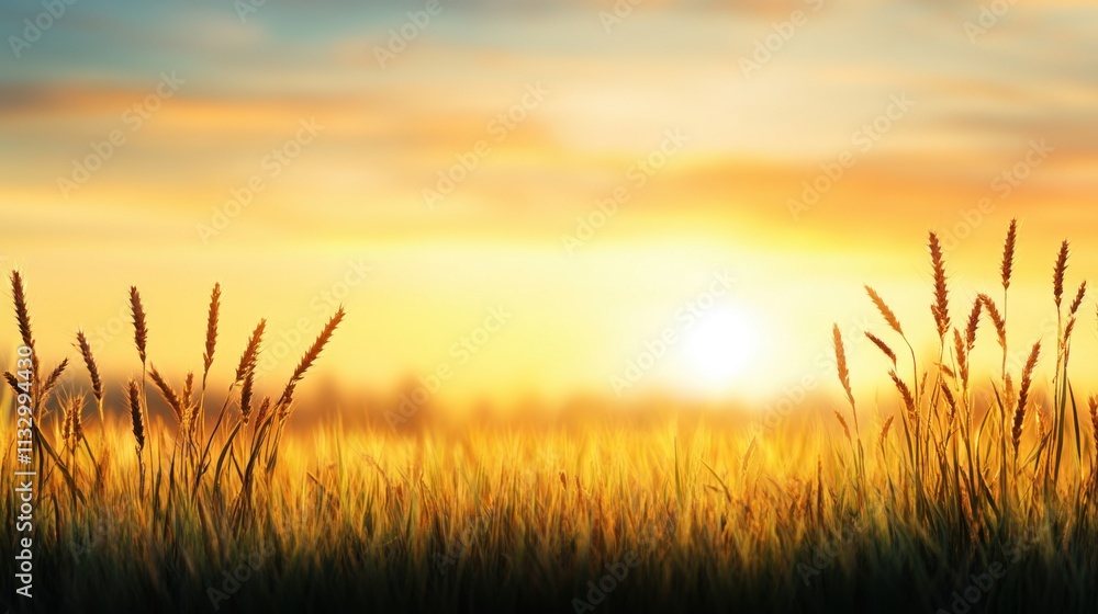 Fototapeta premium Golden Wheat Field Under a Beautiful Sunset with Soft Clouds and Warm Light Illuminating the Horizon
