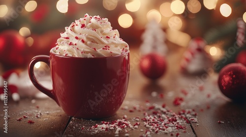 A festive cup of whipped cream topped with red sprinkles, surrounded by holiday decorations.