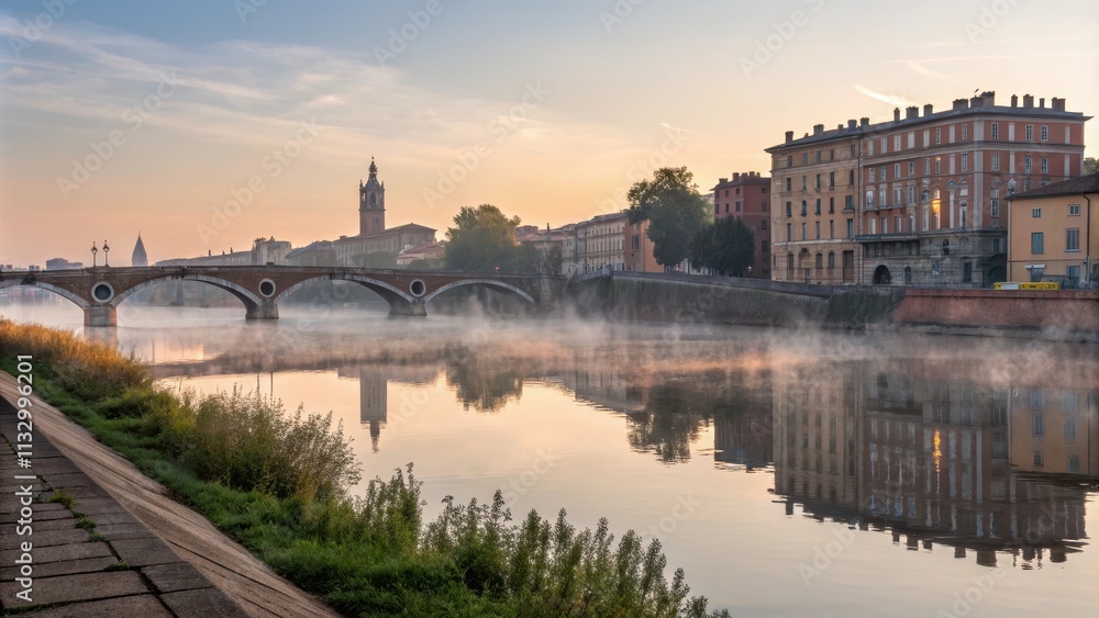 Fototapeta premium Serene Waterfront Cityscape at Dawn with Low River Reflection