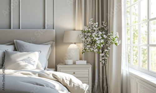 Closeup serene white bedroom is interior with white wooden bedside cabinet and nightstand lamp near white flower tree in natural light from the window. Relaxing atmosphere in modern home decor