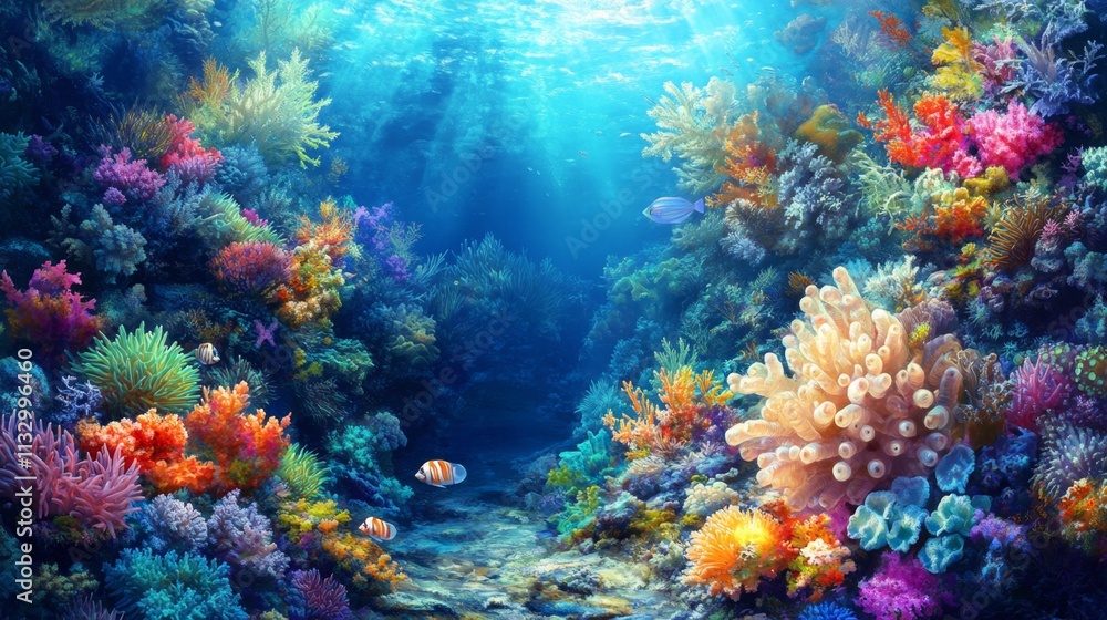 Naklejka premium Vibrant coral reef exploration underwater ocean nature photography colorful marine life scenic view environmental awareness