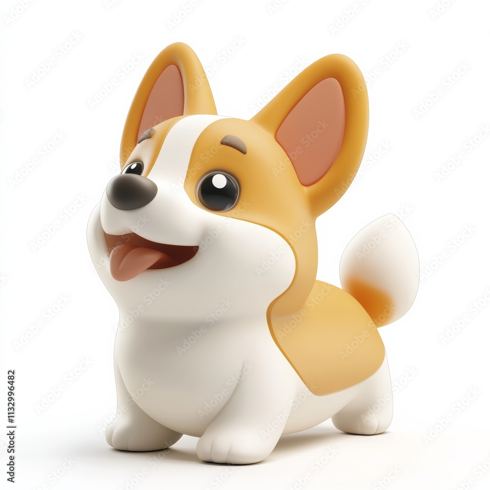 Naklejka premium A 3D corgi icon with oversized paws and a wagging tail, standing against a clean white background
