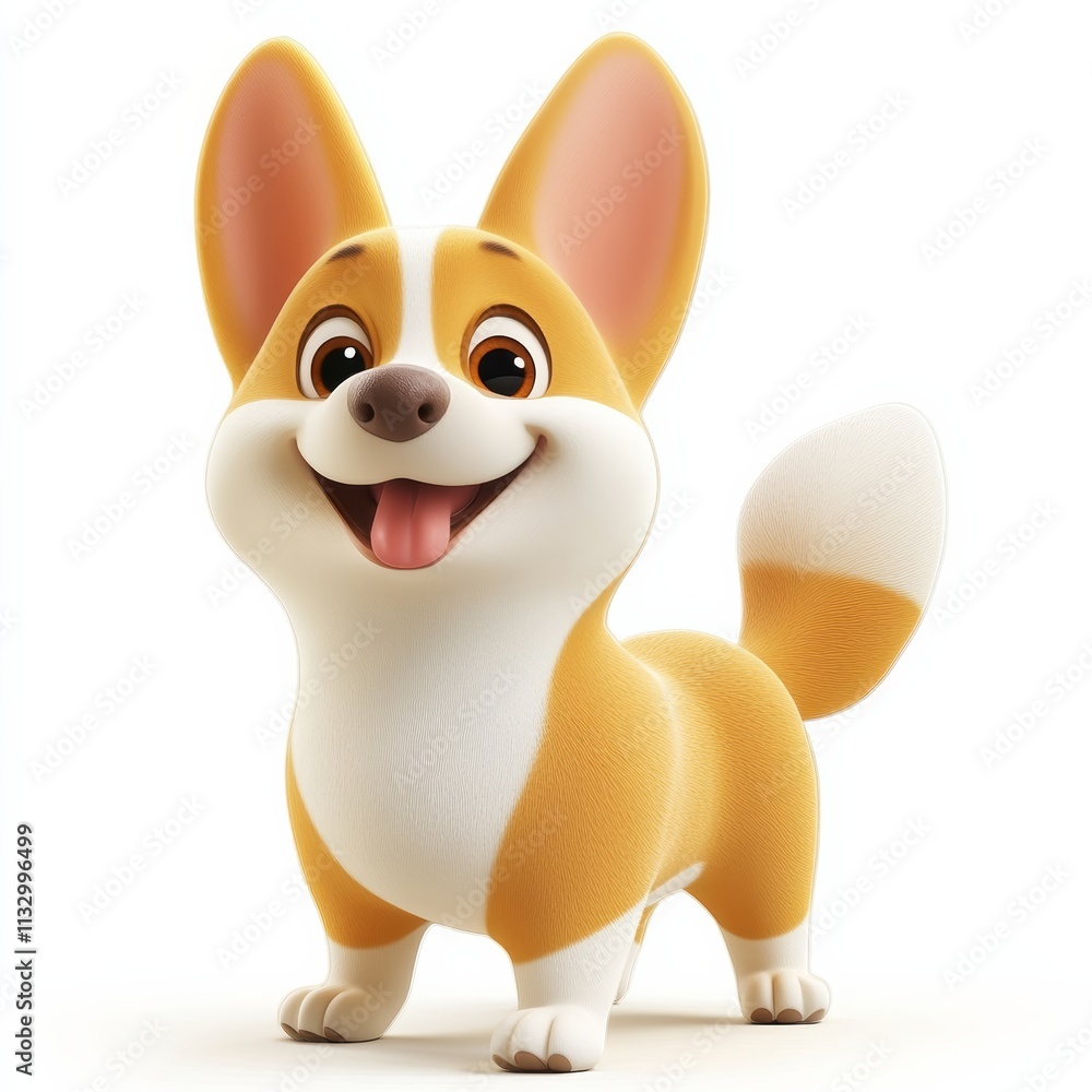 Fototapeta premium A 3D corgi icon with oversized paws and a wagging tail, standing against a clean white background