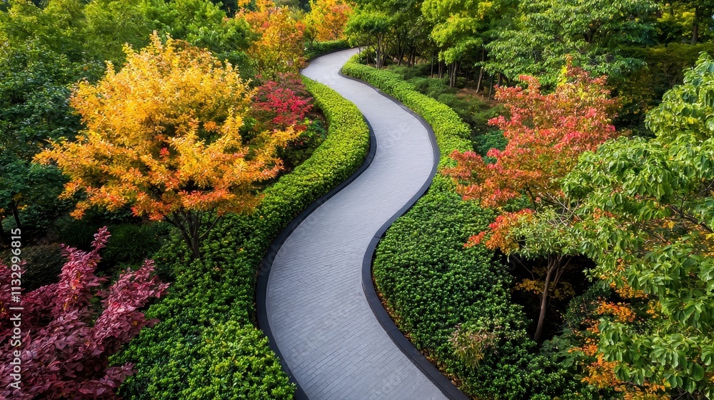Serene Curved Path Through Vibrant Autumn Garden Landscape Serene Curved Path Through Vibrant Autumn Garden Landscape