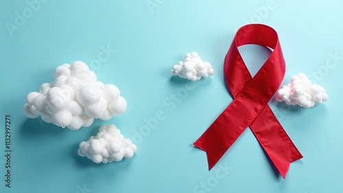 Red Ribbon AIDS Awareness Cloud Design Light Blue Background photo