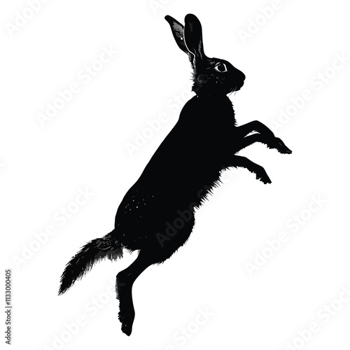 A black silhouette of a snowshoe hare