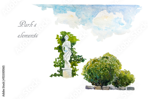 Watercolor garden design elements with blue sky and clouds, greenery, ancient sculpture of roman goddes isolated on white background