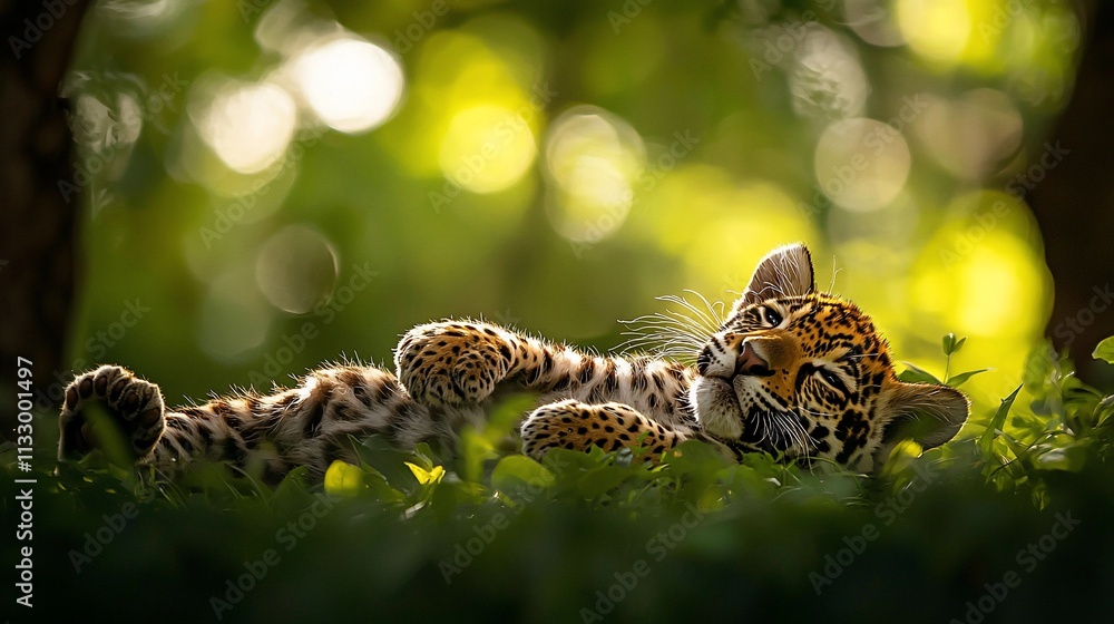 Obraz premium Adorable jaguar cub resting in lush green foliage, backlit by sunlight.