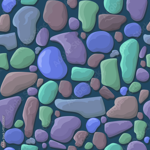 View from above cartoon colors stone pebbles texture, ground top view on fairy tale cobblestones seamless background in vector.