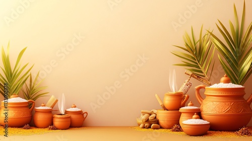 Wallpaper Mural Tranquil Clay Pots with Rice Palm Leaves Peaceful Home Decor Autumnal Harvest Still Life Torontodigital.ca