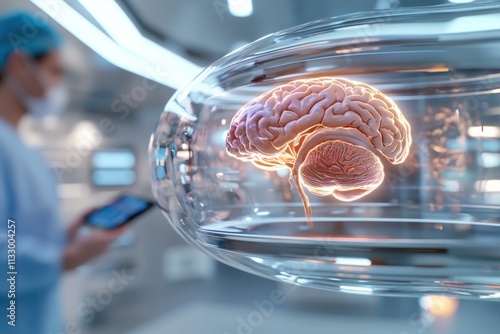 A striking visualization of a brain encased in a transparent cylinder, representing advanced neuroscience in a futuristic lab setting, capturing the essence of technology and mind. photo