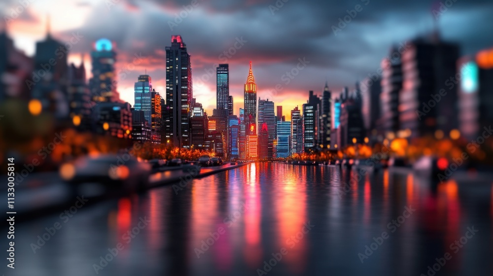 Fototapeta premium Vibrant City Skyline at Dusk with Reflections on Calm River Surface and Dramatic Cloudy Sky