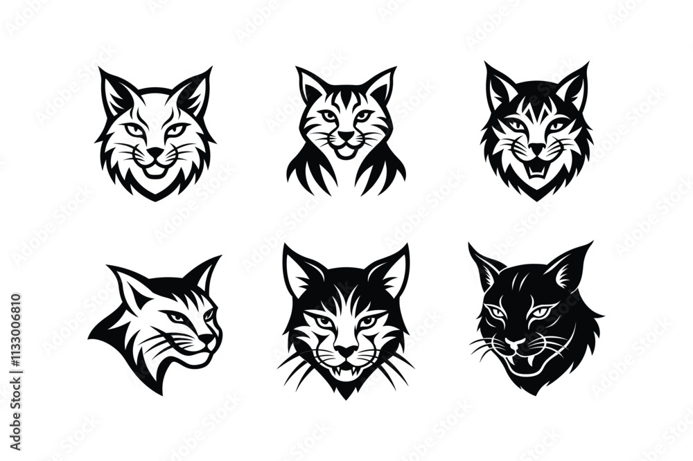 Fototapeta premium Various styles of a bobcat's logo, labeled linocut primitive vector design illustration.