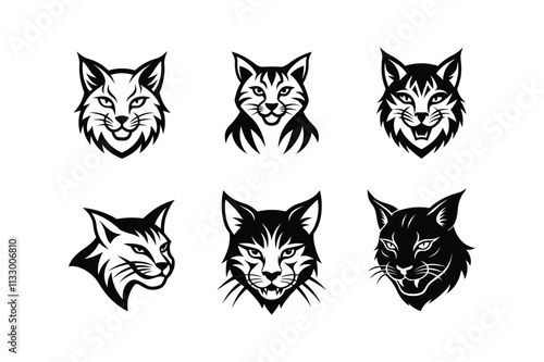 Various styles of a bobcat's logo, labeled linocut primitive vector design illustration.