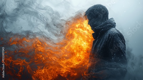 Dramatic silhouette of a figure engulfed in fire and smoke photo