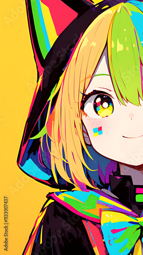 A colorful anime character with vibrant hair and a playful expression against a bright background.