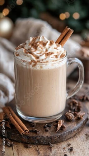 A cozy drink topped with whipped cream and spices, perfect for autumn or winter enjoyment.