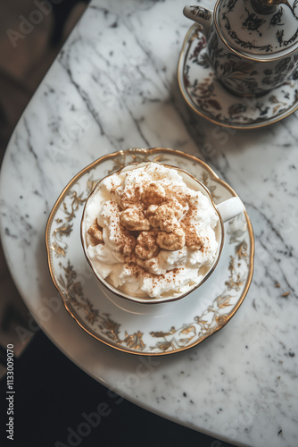 Zenith view of a cup with coffee and whipped cream on a marble table.
