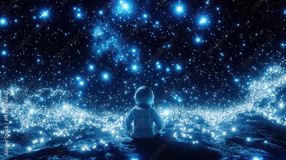 Fototapeta premium An astronaut surrounded by glowing star clusters, gently floating in the vastness of space.