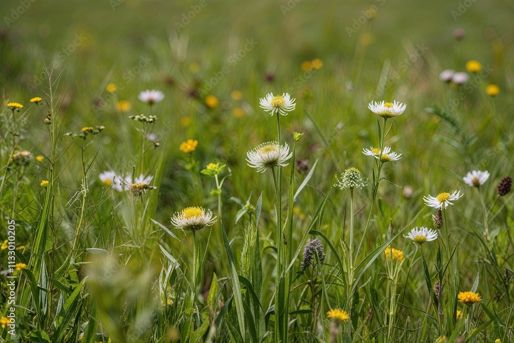 Closeup Panorama of a Meadow with Green Grass and Wild Flowers Closeup Panorama of a Meadow with Green Grass and Wild Flowers