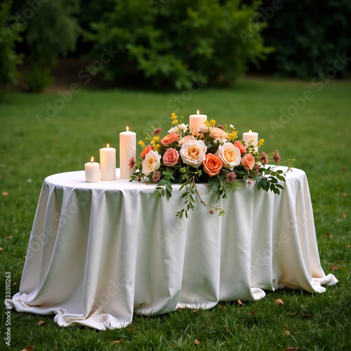 Outdoor wedding decoration with candles dried flowers accessories table with linen tablecloth green lawn nobody