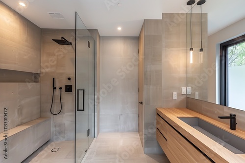 A minimalist bathroom with white marble tiles, a sleek glass shower enclosure, and a floating vanity with a vessel sink