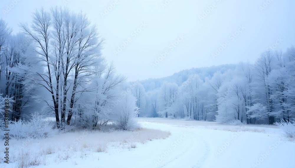 Fototapeta premium Snowy winter landscape with frosted trees and soft powder resting on the ground in a serene atmosphere