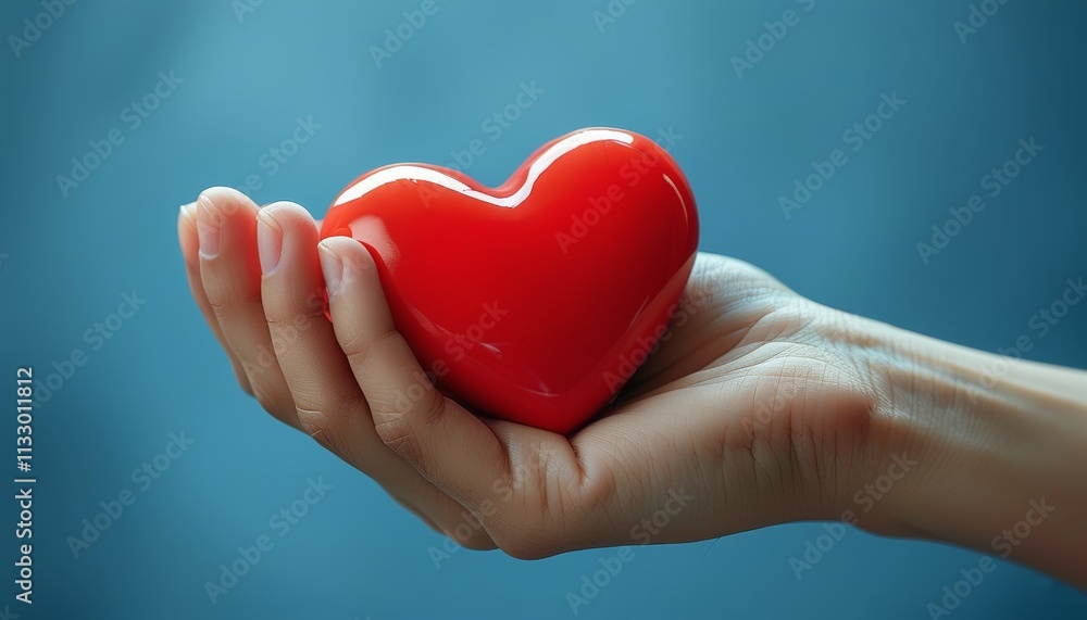 Obraz premium A hand gently holding a bright red heart on a blue background. Created with generative AI technology
